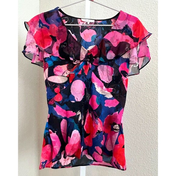 Parker Peony Dreams Flutter‎ Sleeve Ruffle Collar Silk Chiffon Blouse Top Small - Picture 1 of 4